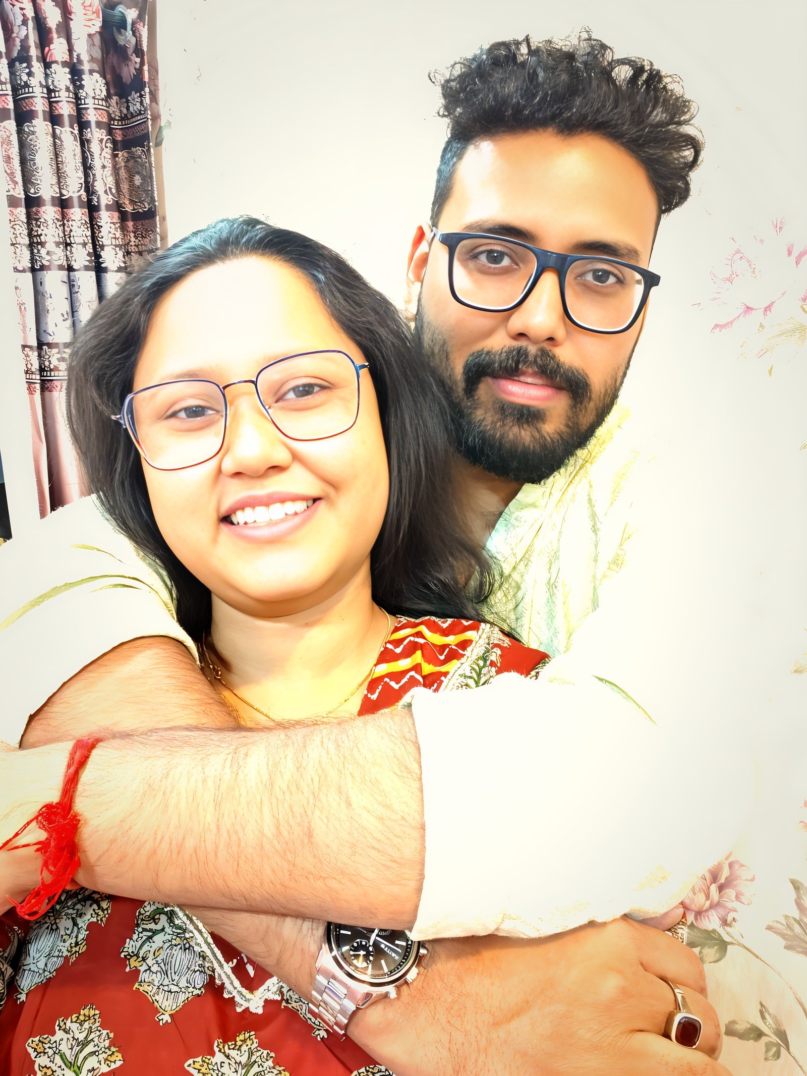 A held moment against the roses